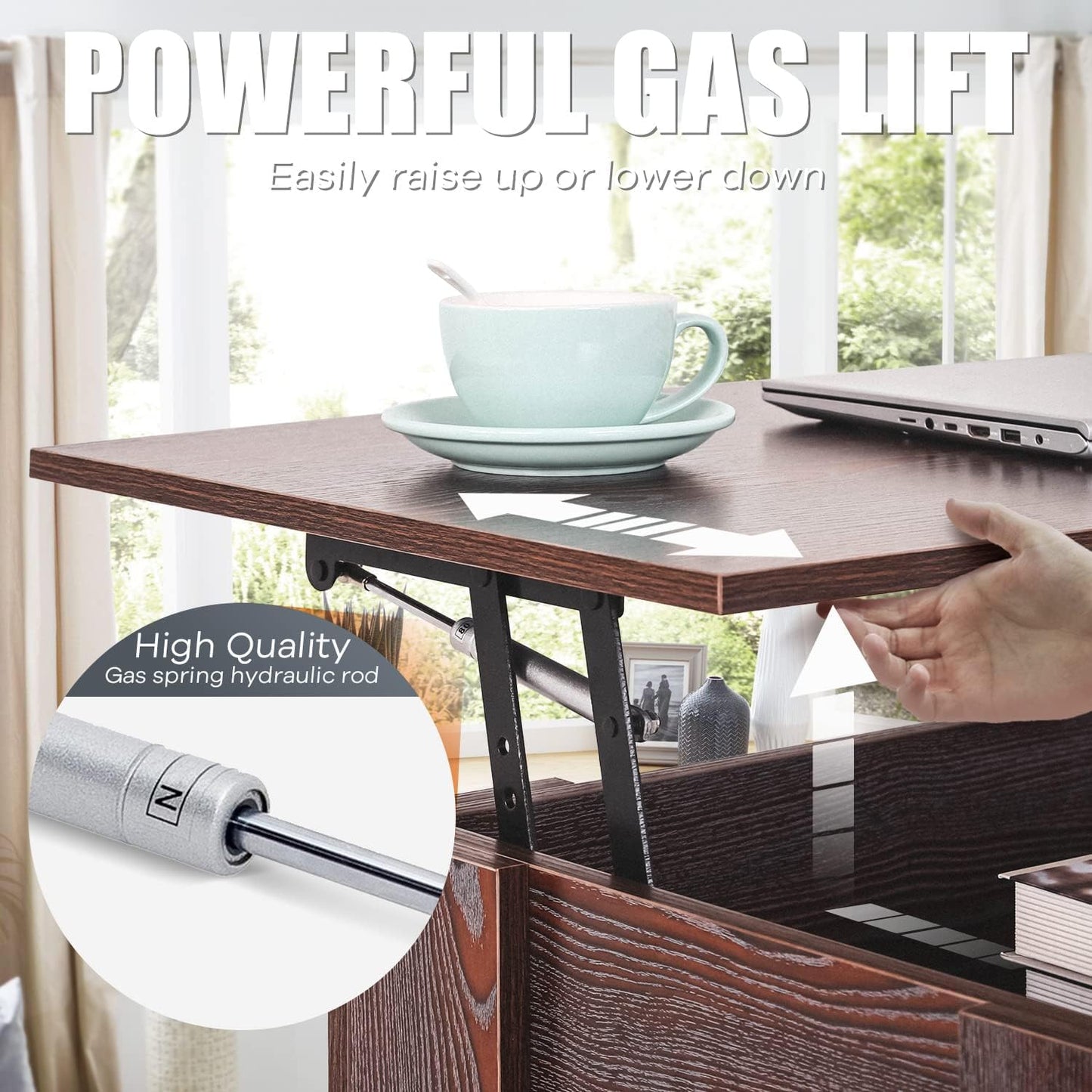 Lift Top Coffee Table, with Hidden Compartment and Storage Shelf Wooden Lift Tabletop for Home Living Room Reception Room Office, Espresso