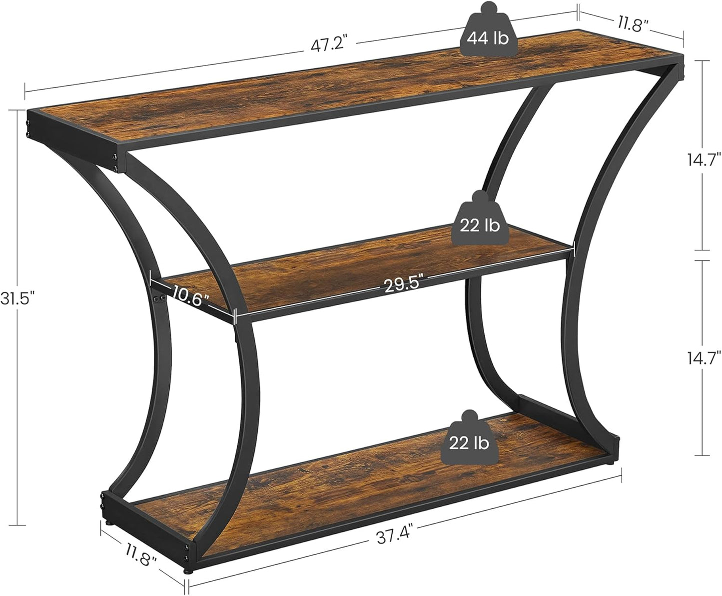 Console Table with Curved Frames and 2 Open Shelves, for Hallway, Entryway Living Room, Rustic Brown + Black