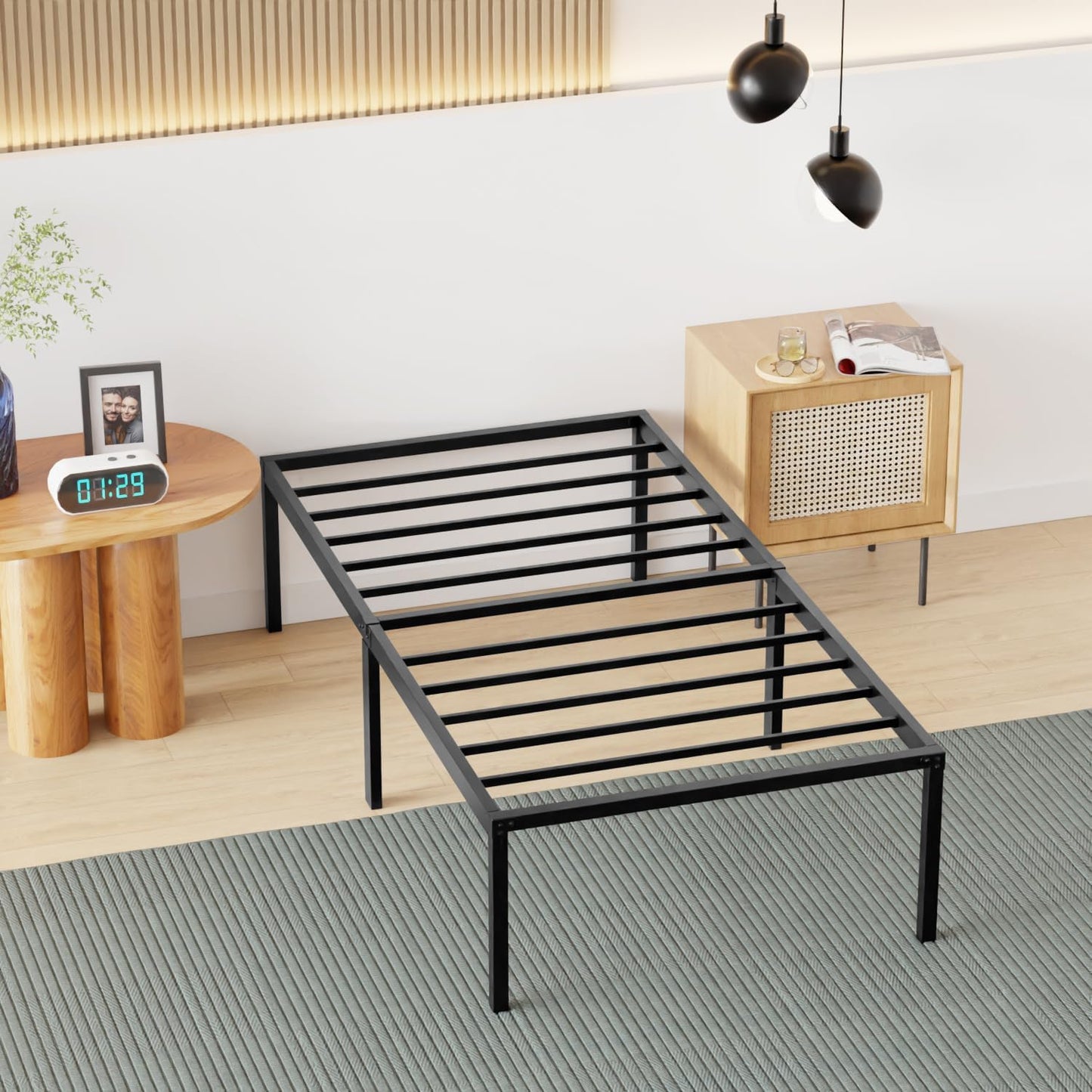 Twin Size Metal Bed Frame Sturdy Steel Slats Noise-Free Easy Assembly No Box Spring Required with Under-Bed Storage Easy Assembly and Ample Under-Bed Storage, Black