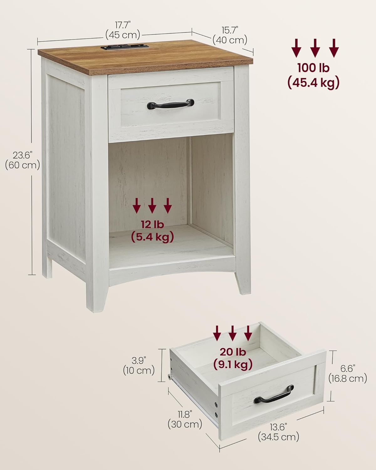 Vintage Style Nightstand with Charging Station, Bedside Table, Side Table with Drawer, Open Compartment, for Bedroom, Wood Tone and Misty Gray