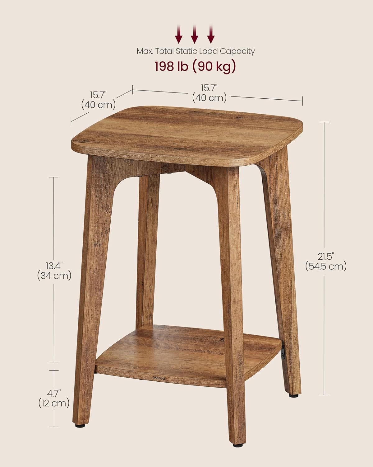 Wooden Side Table, 2-Tier Small Square End Table, Nightstand with Tapered Legs, Curved Transitions, for Small Spaces, Living Room, Bedroom, Honey Brown