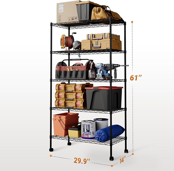 Heavy Duty 5-Tier Storage Rack with Wheels 76Lx36Wx158H, Shelf Shelving Unit 1250Lb Capacity, 29.92" D x 13.98" W x 62.99" H, Black
