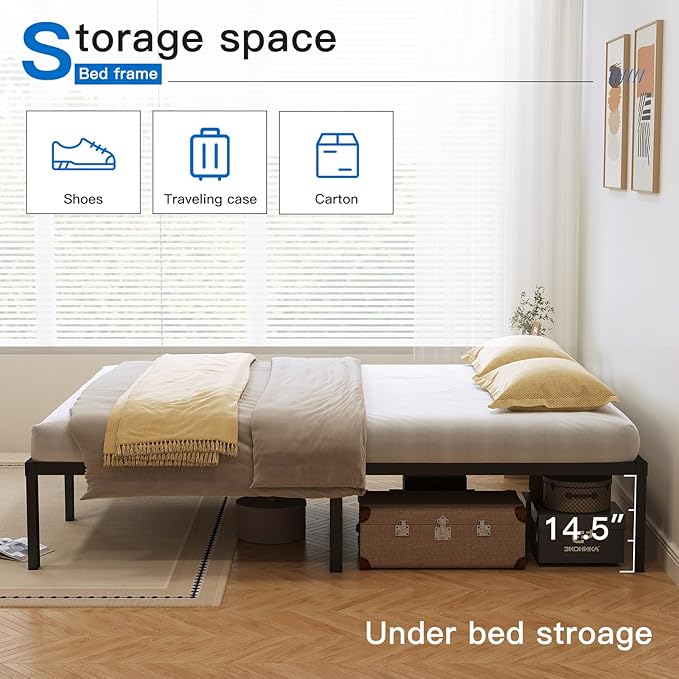 Queen Size Metal Bed Frame Sturdy Steel Slats Noise-Free Easy Assembly No Box Spring Required with Under-Bed Storage Easy Assembly and Ample Under-Bed Storage, Blackv