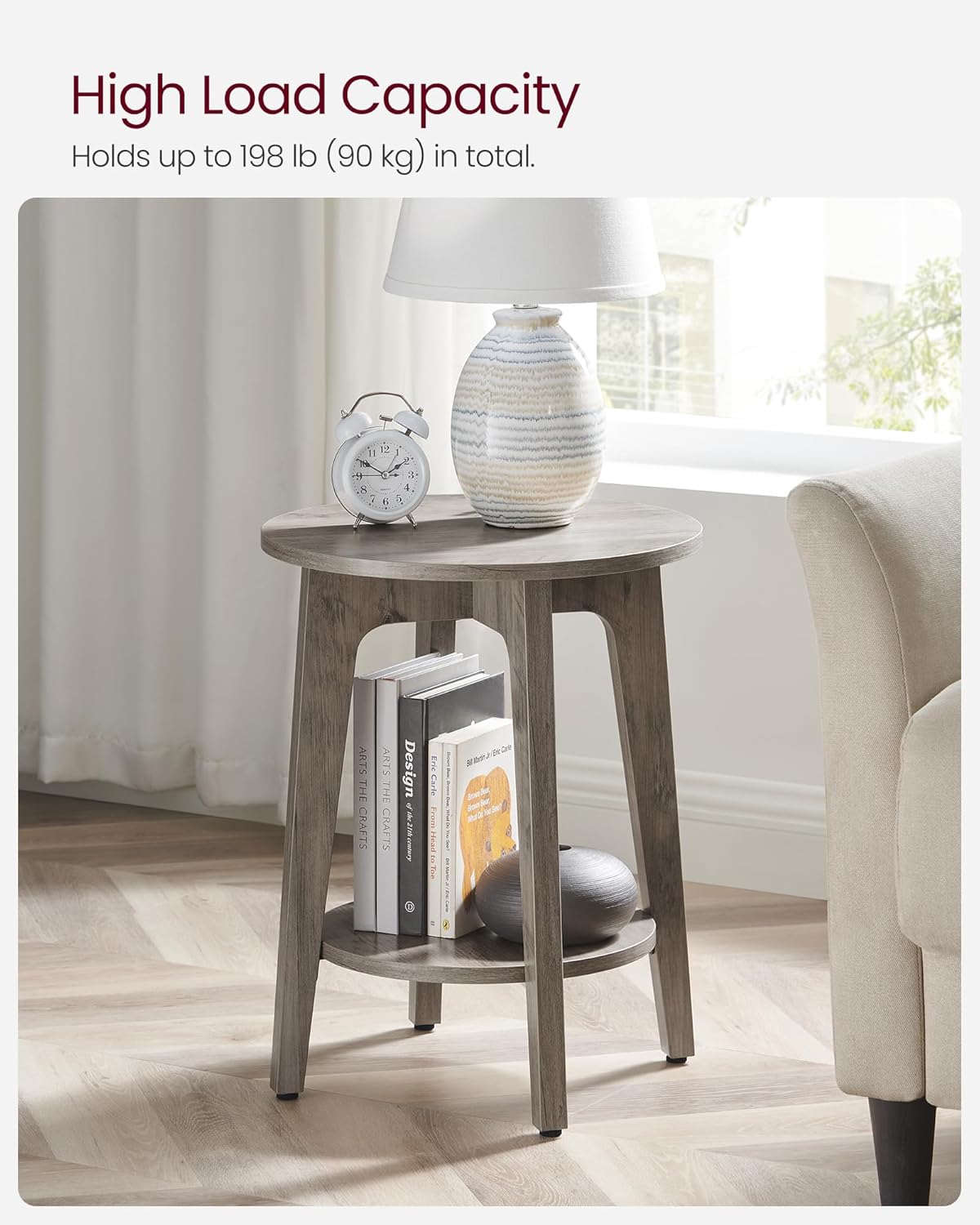 Wooden Side Table, 2-Tier Small Round End Table, Nightstand with Tapered Legs, Curved Transitions, for Small Spaces, Living Room, Bedroom