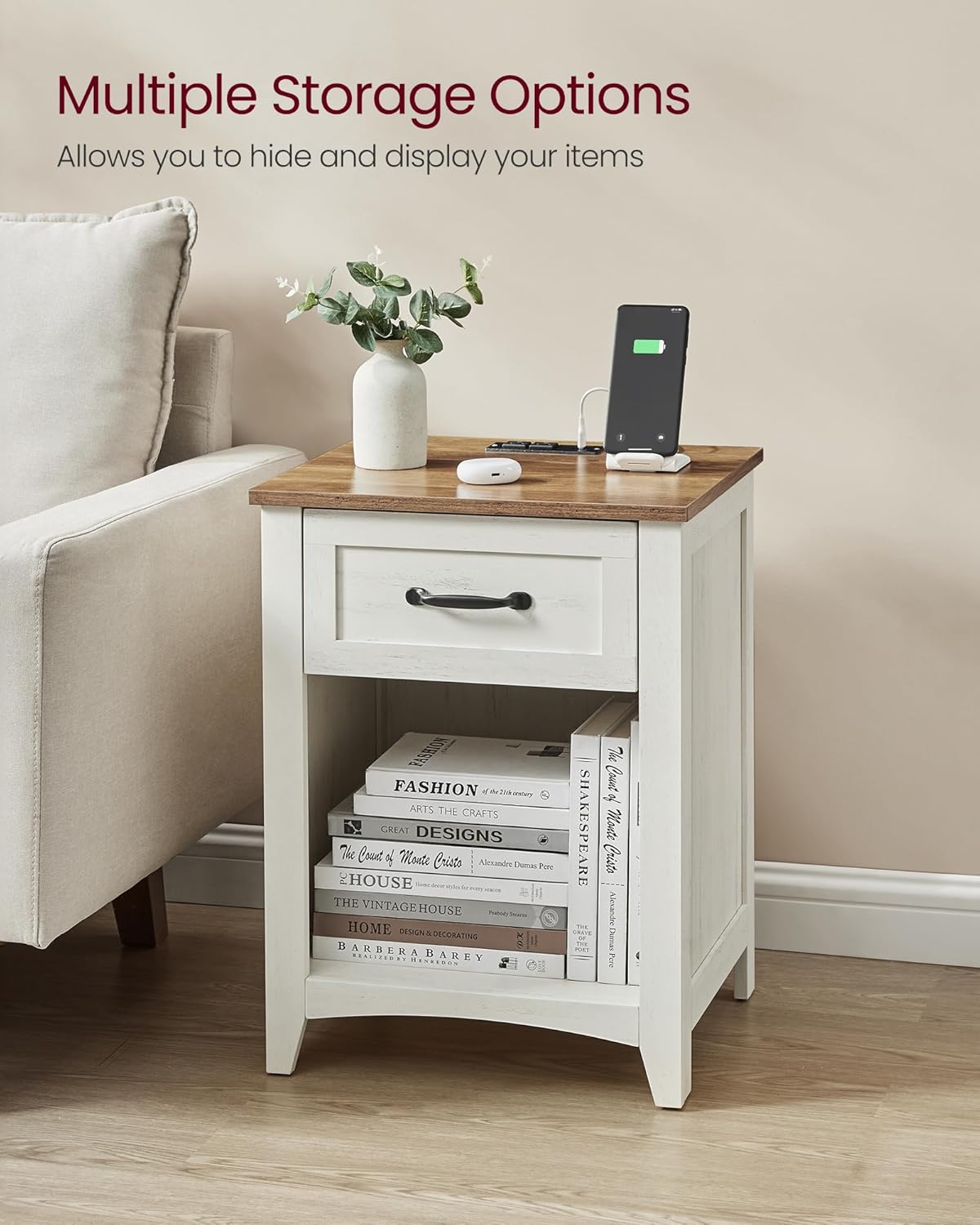 Vintage Style Nightstand with Charging Station, Bedside Table, Side Table with Drawer, Open Compartment, for Bedroom, Wood Tone and Misty Gray