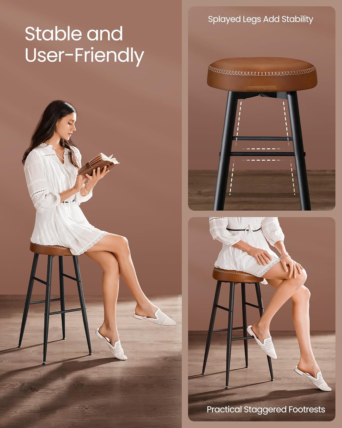 Bar Stools Set of 2, Kitchen Counter Stools, Dining Chairs, Synthetic Leather with Stitching, 30-Inch Tall, Home Bar Dining Room, Easy Assembly, Caramel Brown