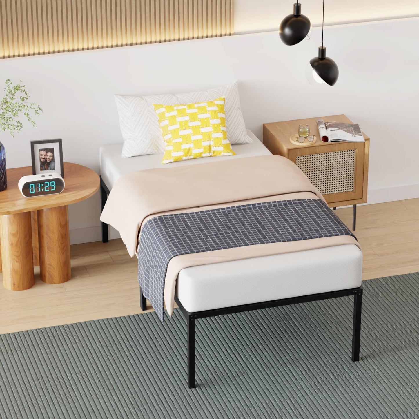 Twin Size Metal Bed Frame Sturdy Steel Slats Noise-Free Easy Assembly No Box Spring Required with Under-Bed Storage Easy Assembly and Ample Under-Bed Storage, Black