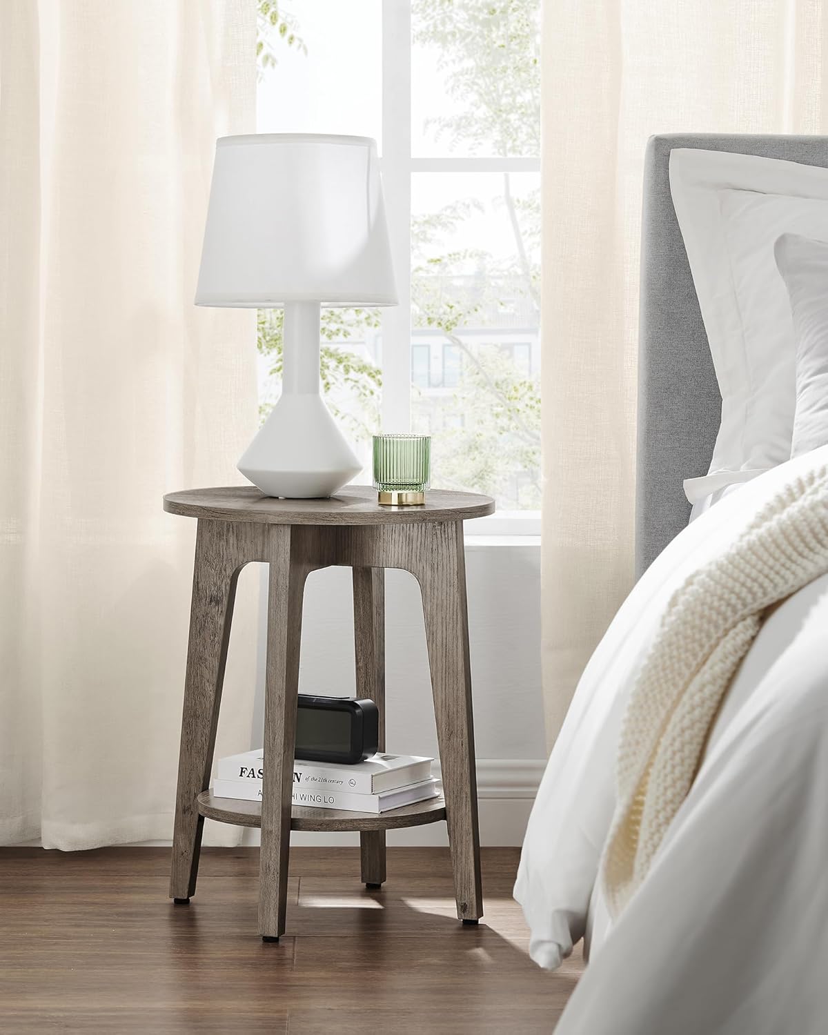 Wooden Side Table, 2-Tier Small Round End Table, Nightstand with Tapered Legs, Curved Transitions, for Small Spaces, Living Room, Bedroom
