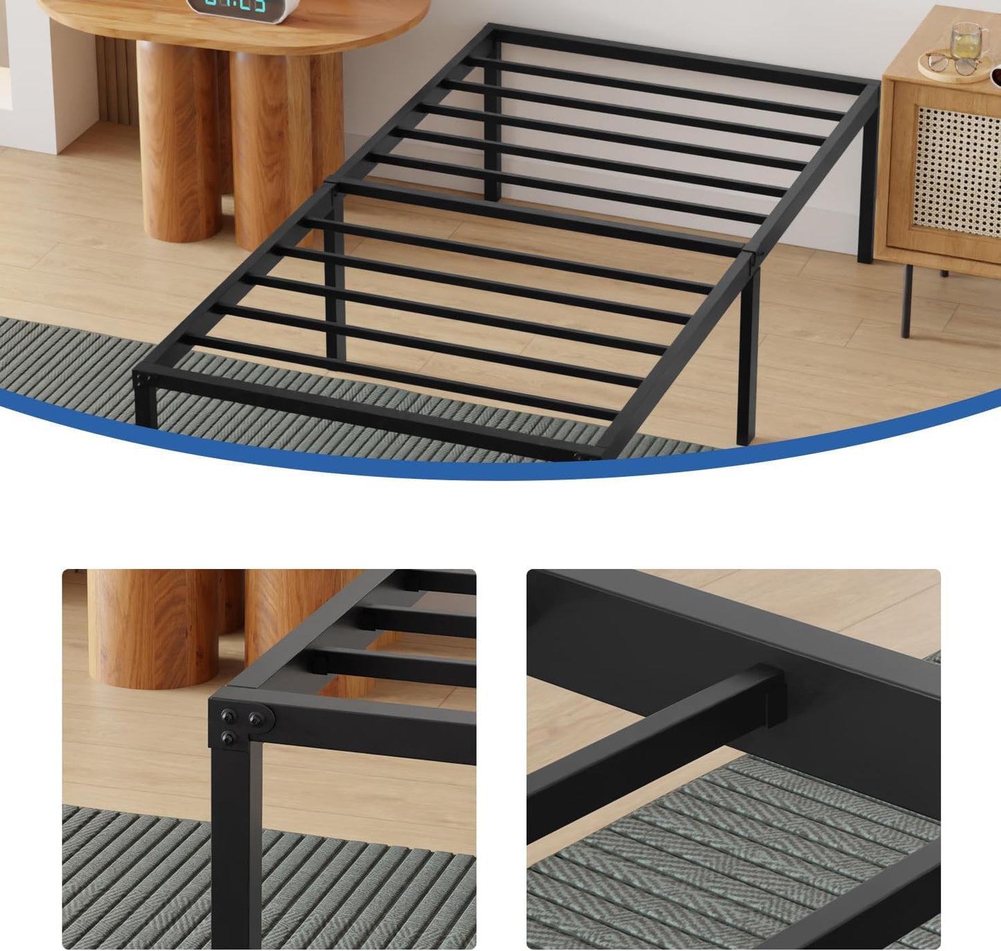 Twin Size Metal Bed Frame Sturdy Steel Slats Noise-Free Easy Assembly No Box Spring Required with Under-Bed Storage Easy Assembly and Ample Under-Bed Storage, Black