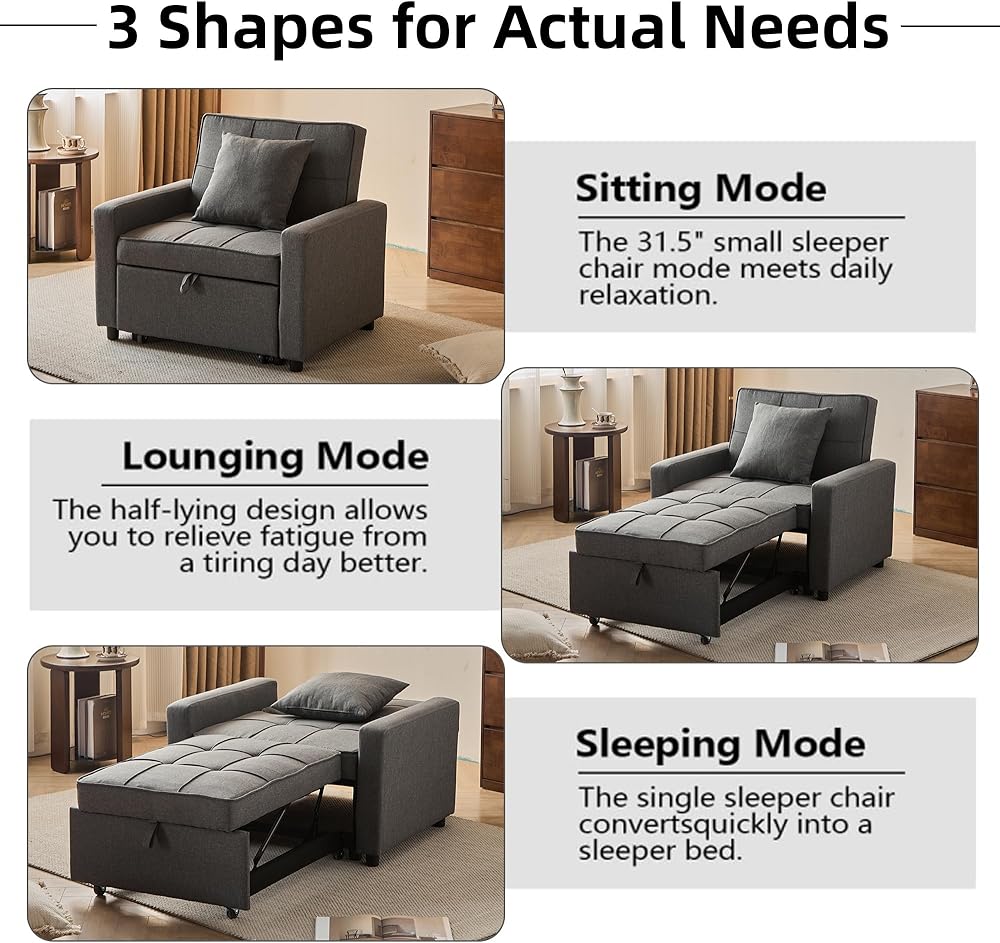 Sofa Bed Chair Convertible, Sleeper Sofa with Pull-Out Bed, 3-in-1 Futon Couch with Reclining Backrest and Side Pocket (Grey, 71.2’)