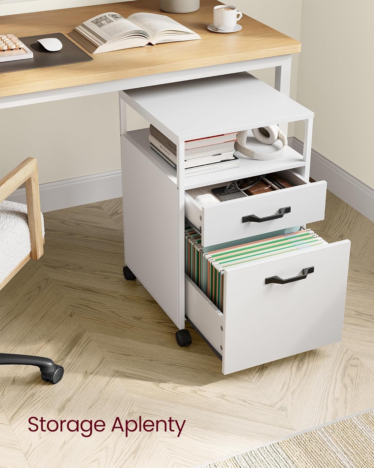 Metal File Cabinet, Mobile Filing Cabinet with Wheels, 2 Drawers, Open Shelf, for A4, Letter Size, Hanging File Folders, Cloud White