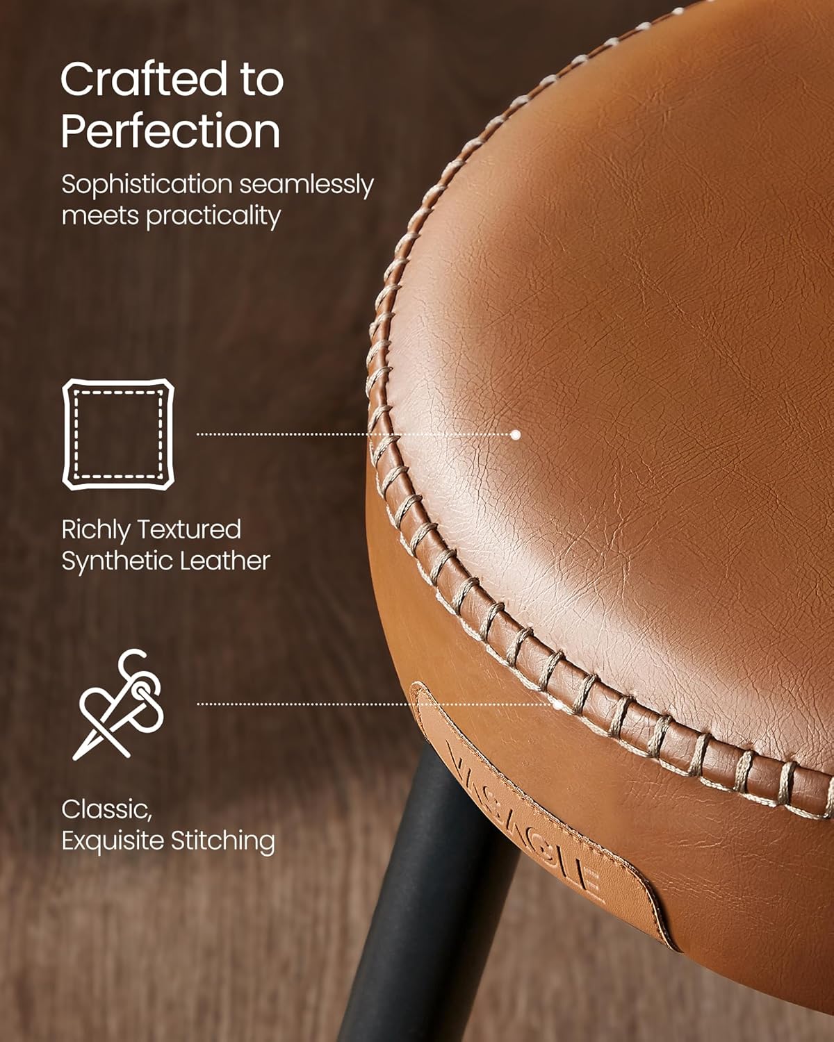 Bar Stools Set of 2, Kitchen Counter Stools, Dining Chairs, Synthetic Leather with Stitching, 30-Inch Tall, Home Bar Dining Room, Easy Assembly, Caramel Brown