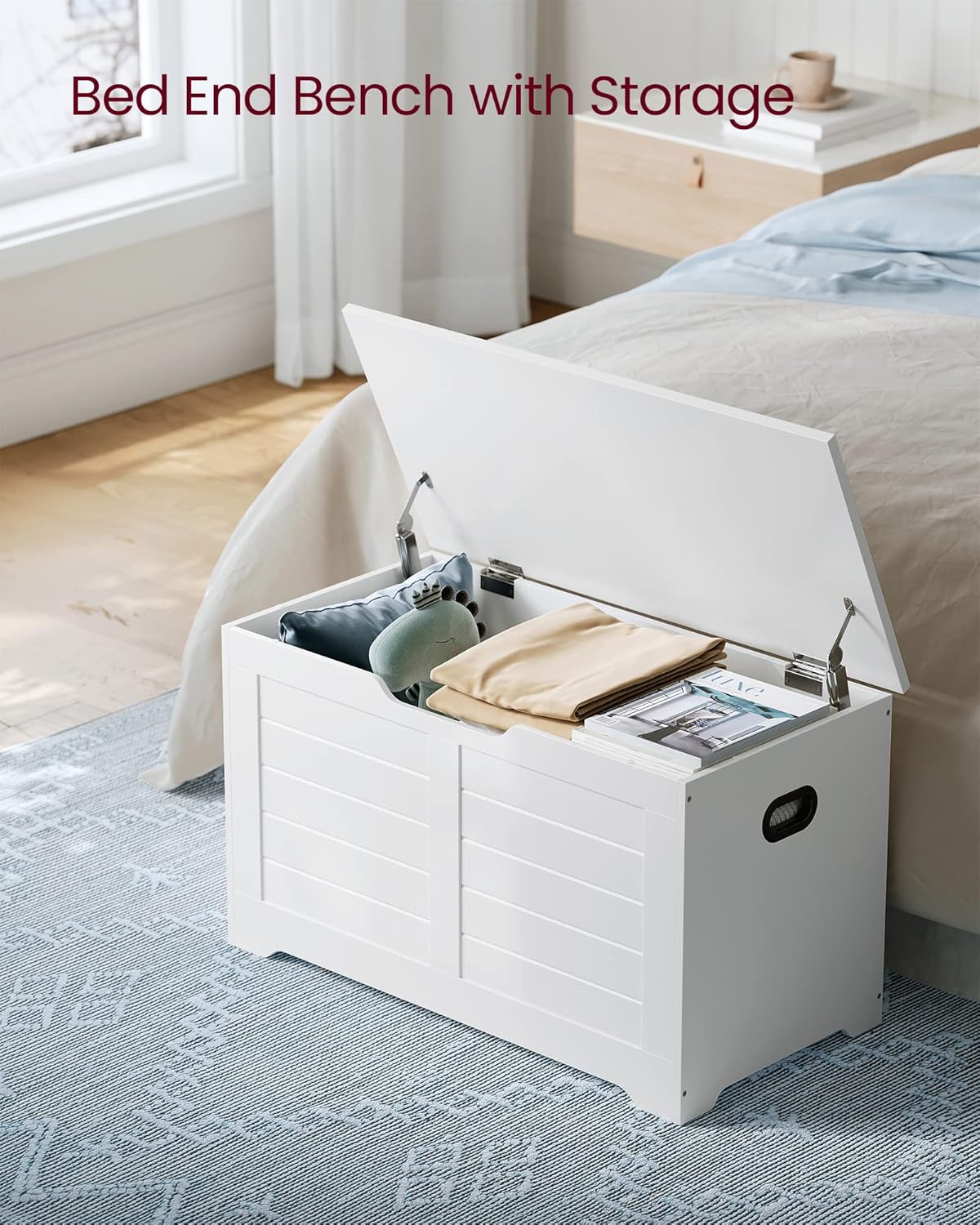 Multi-Colors Storage Chest, Storage Bench with 2 Safety Hinges, Farmhouse Style, 40 x 80 x 46 cm, for Entryway, Bedroom, Living Room, Cloud White