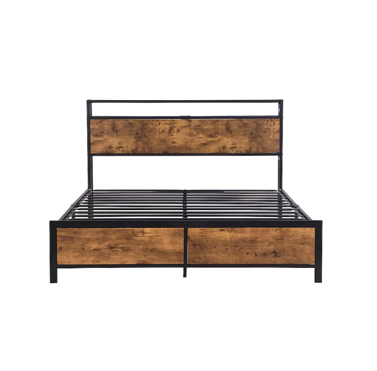 Queen Size Bed Frame, Bed Frame with Charging Station and LED Lights, Metal Shelves Non-Slip, Noise-Free, Easy Assembly, No Box Springs Needed, Rustic Brown and Black