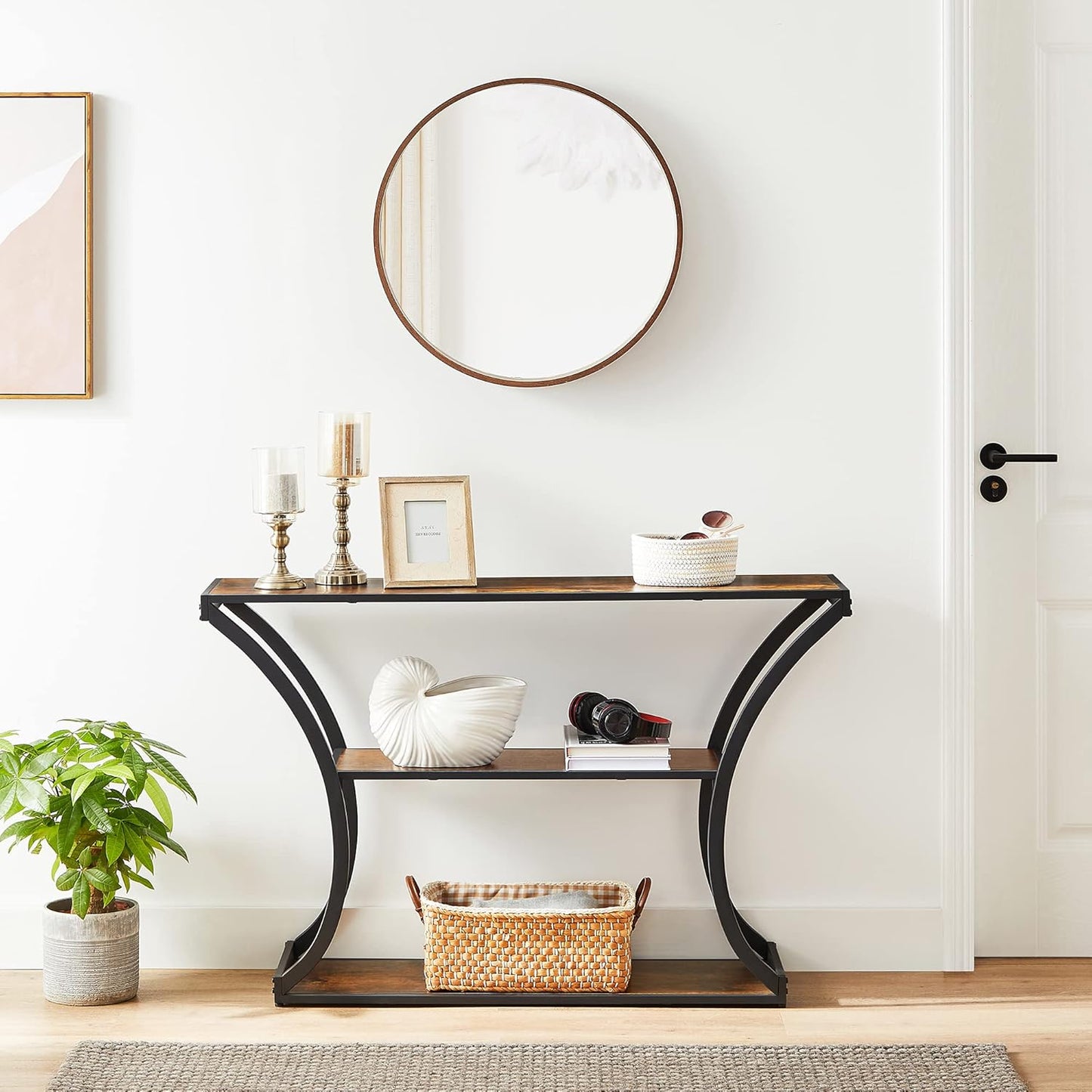 Console Table with Curved Frames and 2 Open Shelves, for Hallway, Entryway Living Room, Rustic Brown + Black