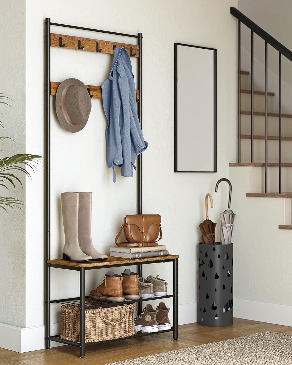Entryway Coat Rack with Shoe Bench, Shoe Rack with Hall Tree, Rustic Brown