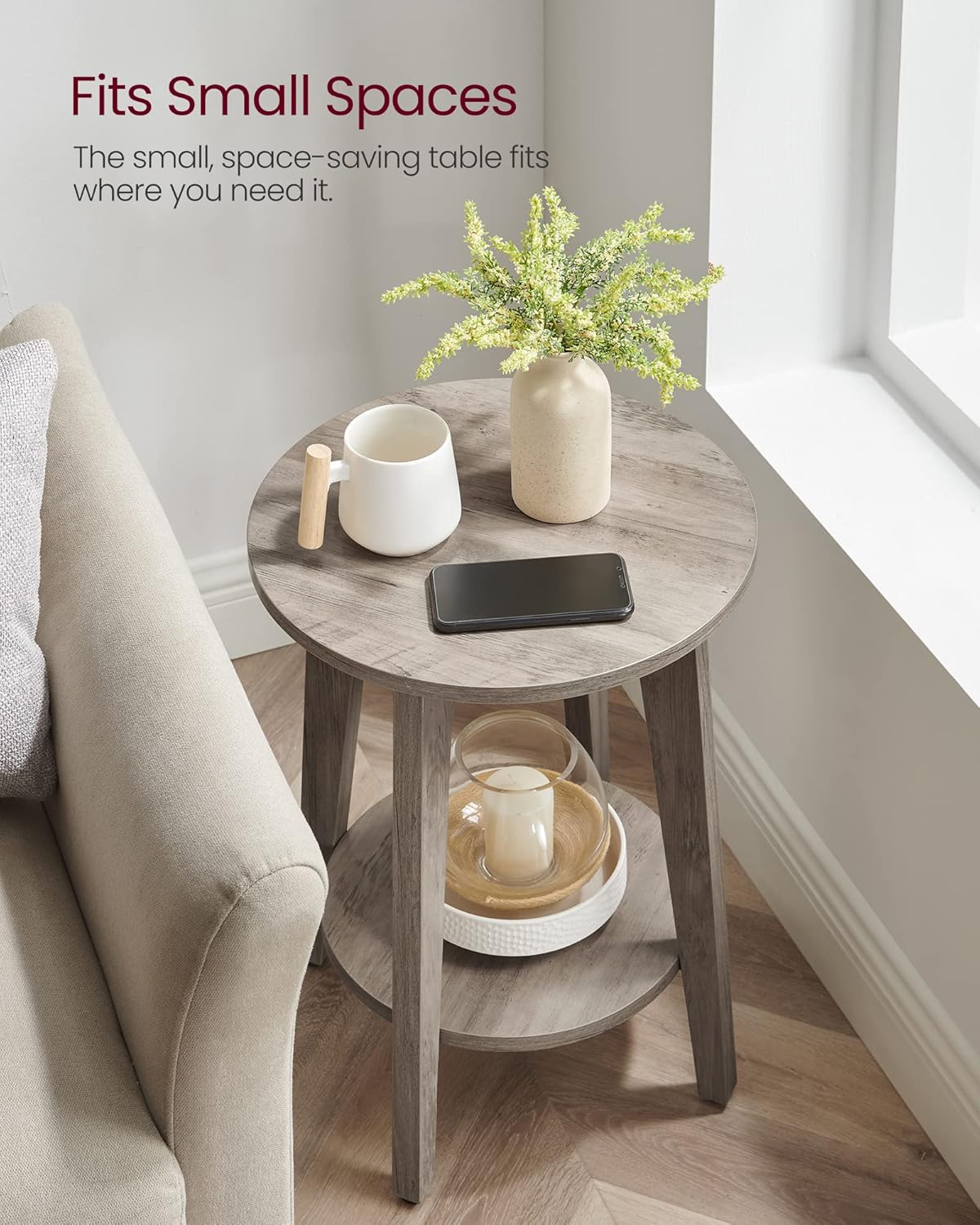 Wooden Side Table, 2-Tier Small Round End Table, Nightstand with Tapered Legs, Curved Transitions, for Small Spaces, Living Room, Bedroom