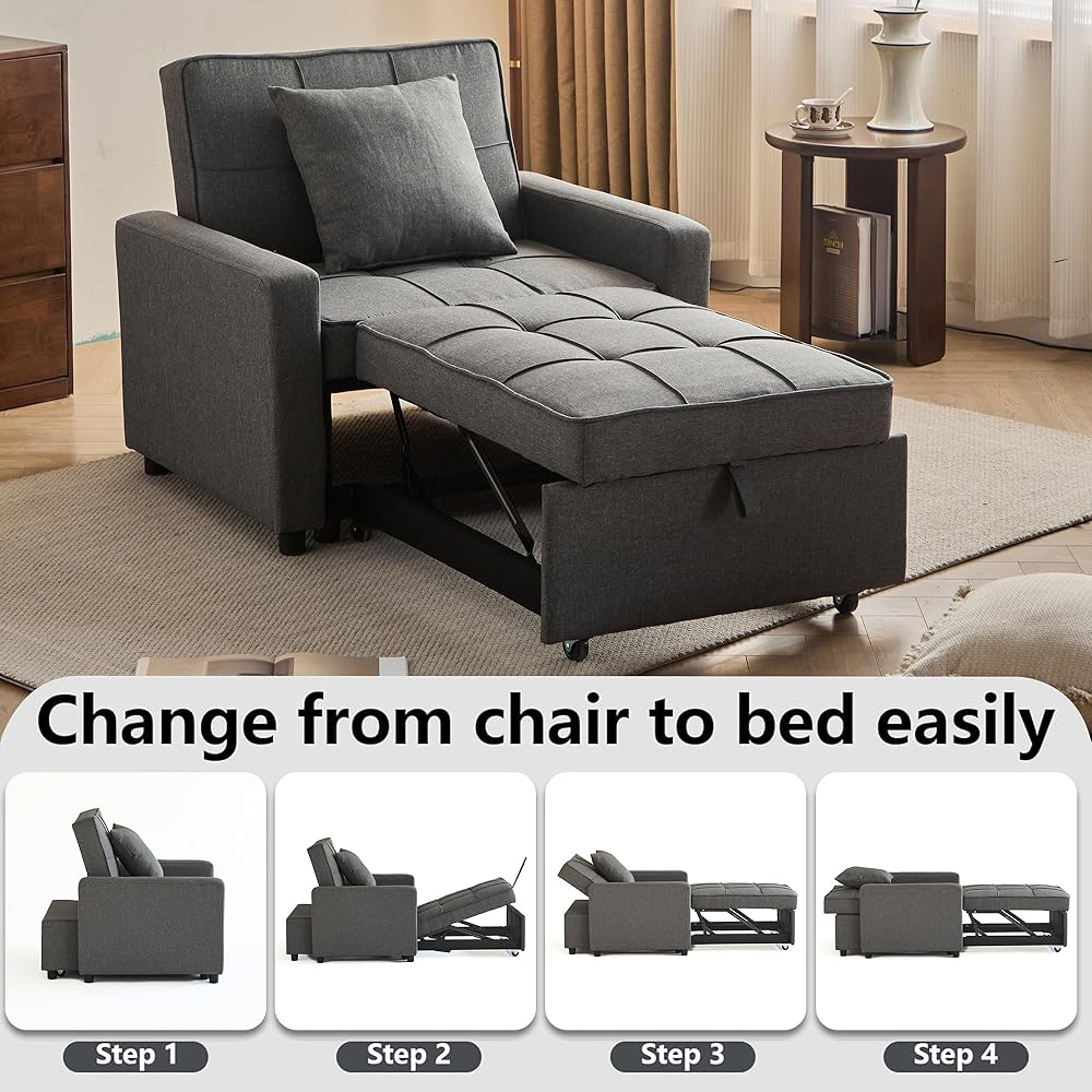 Sofa Bed Chair Convertible, Sleeper Sofa with Pull-Out Bed, 3-in-1 Futon Couch with Reclining Backrest and Side Pocket (Grey, 71.2’)