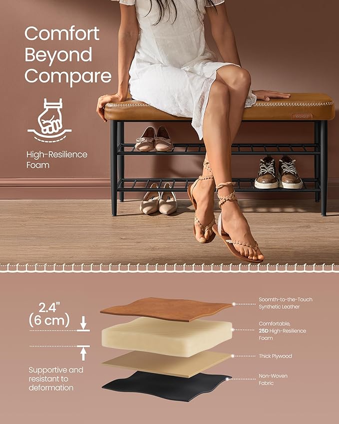 Shoe Storage Bench, Shoe Rack Bench Entryway, Synthetic Leather with Stitching, Mid-Century Modern, Loads 135 kg, 30 x 100 x 50 cm, Ink Black