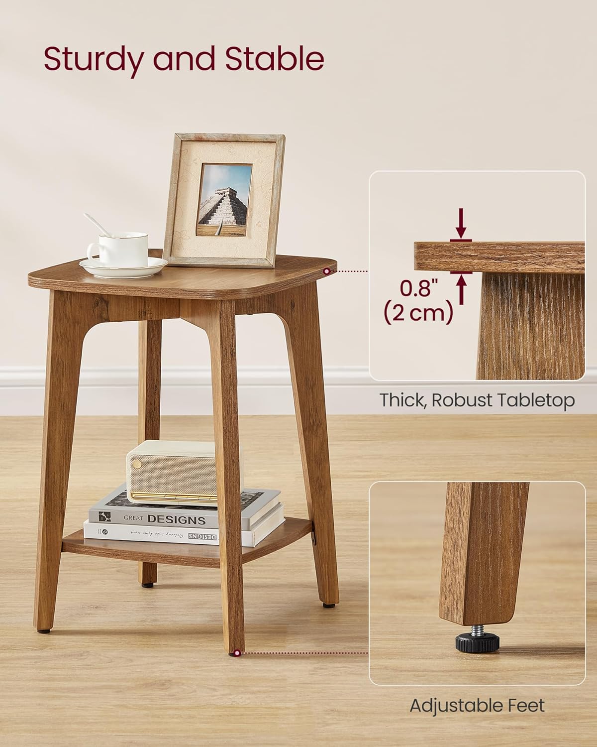 Wooden Side Table, 2-Tier Small Square End Table, Nightstand with Tapered Legs, Curved Transitions, for Small Spaces, Living Room, Bedroom, Honey Brown