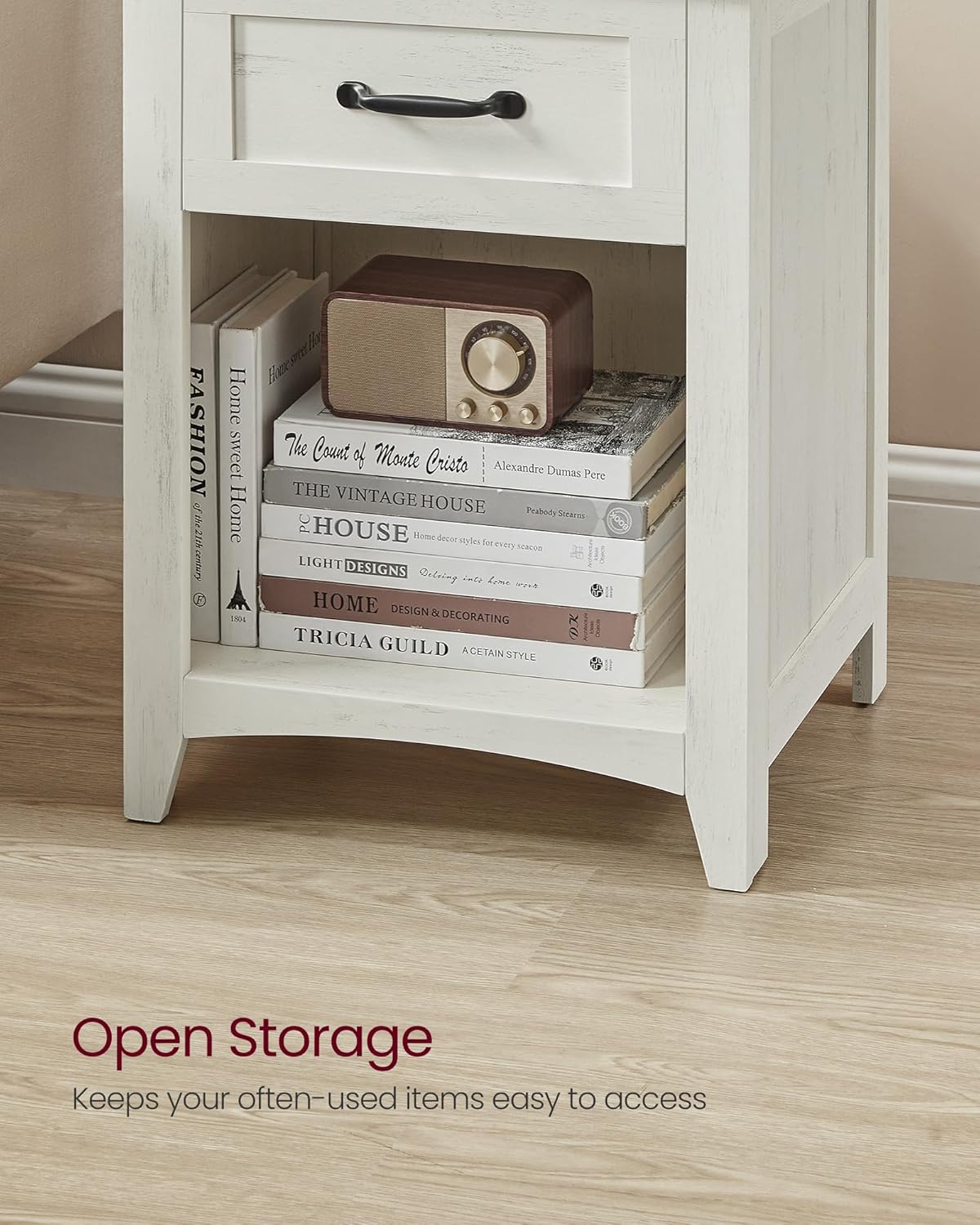 Vintage Style Nightstand with Charging Station, Bedside Table, Side Table with Drawer, Open Compartment, for Bedroom, Wood Tone and Misty Gray