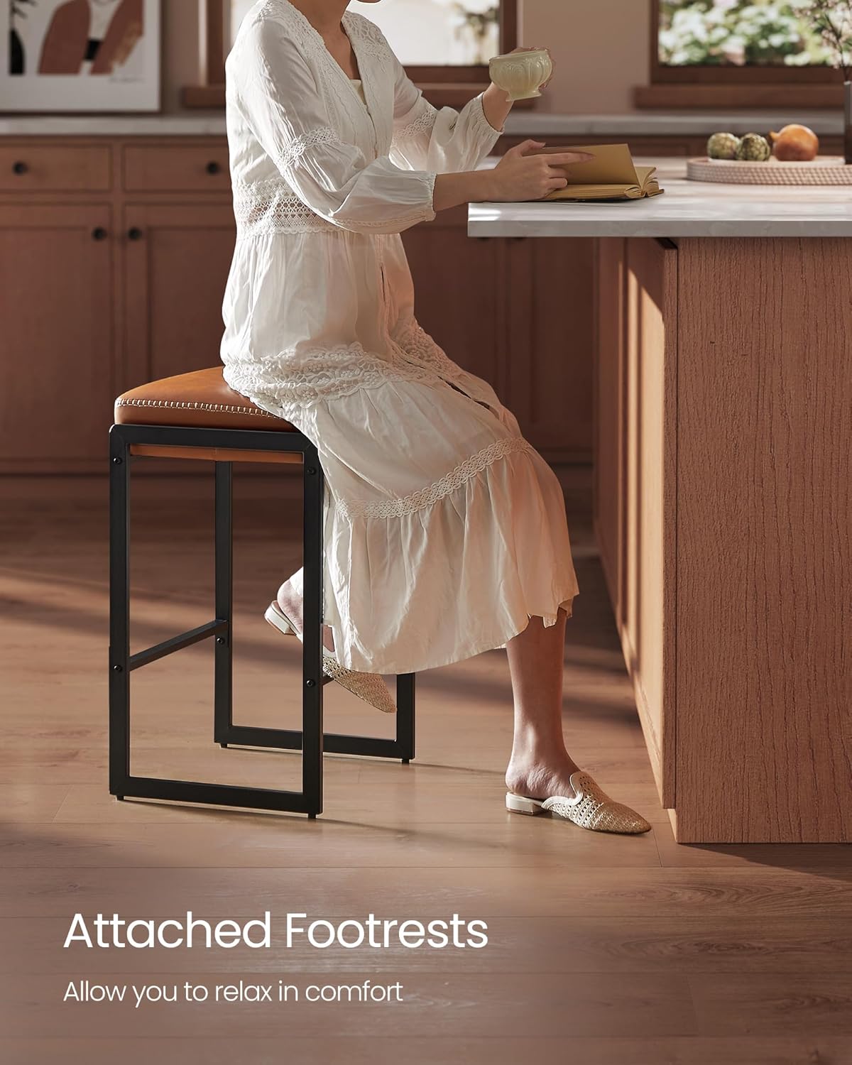 Bar Stools Set of 2, Counter Height Bar Stools, Synthetic Leather with Stitching, Mid-Century Modern Counter Stools, 26-Inch Tall, Kichen Home Bar Dining Room, Caramel Brown