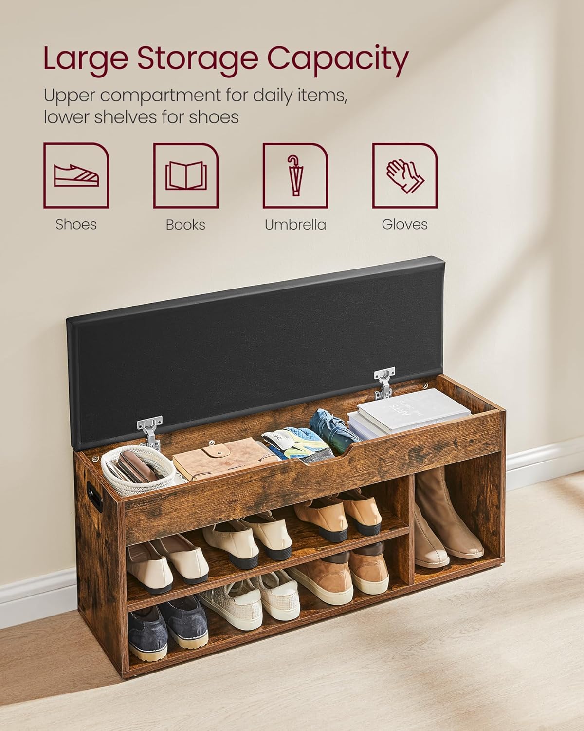 Wooden Storage Bench with Cushion, Shoe Bench with Padded Seat, 3 Compartments, Hidden Storage, Hallway Bedroom, Load Capacity 330 lb, 11.8 x 39.4 x 17.3 Inches, Rustic Brown and Ink Black