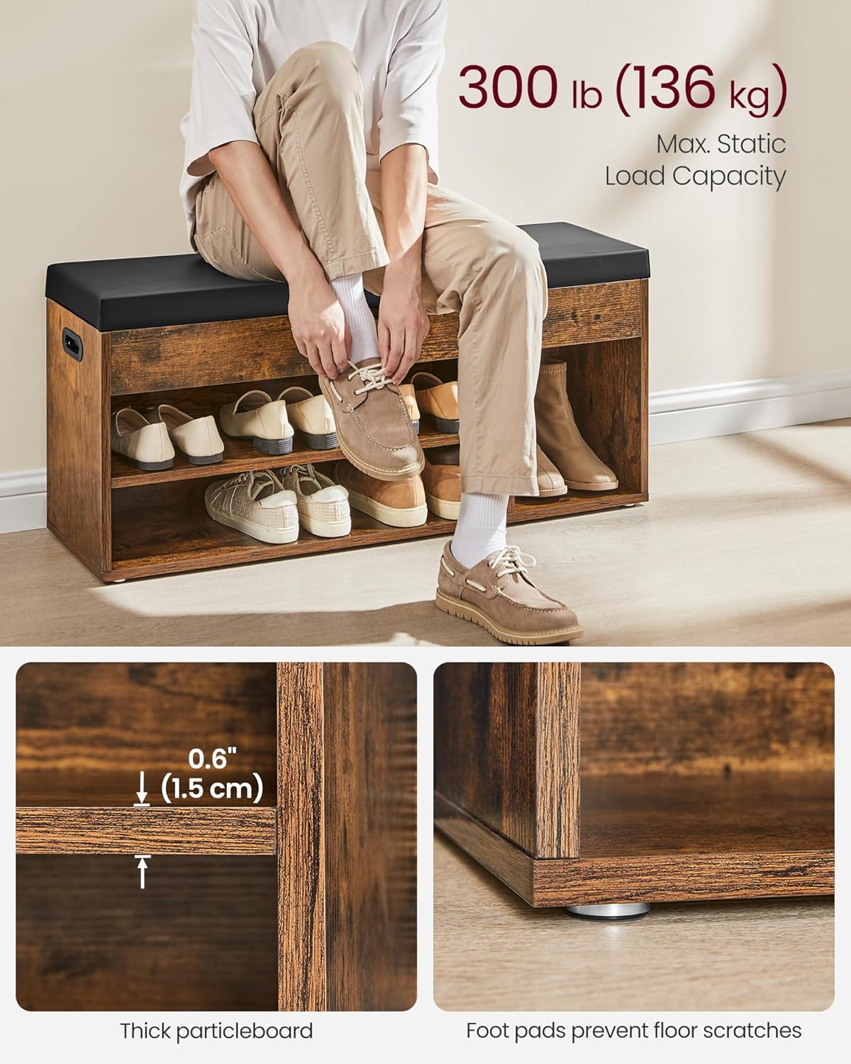 Wooden Storage Bench with Cushion, Shoe Bench with Padded Seat, 3 Compartments, Hidden Storage, Hallway Bedroom, Load Capacity 330 lb, 11.8 x 39.4 x 17.3 Inches, Rustic Brown and Ink Black
