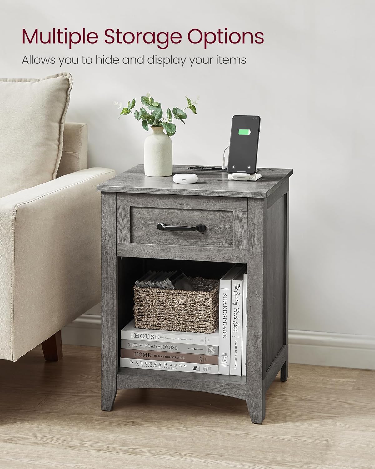 Vintage Style Nightstand with Charging Station, Bedside Table, Side Table with Drawer, Open Compartment, for Bedroom, Wood Tone and Misty Gray