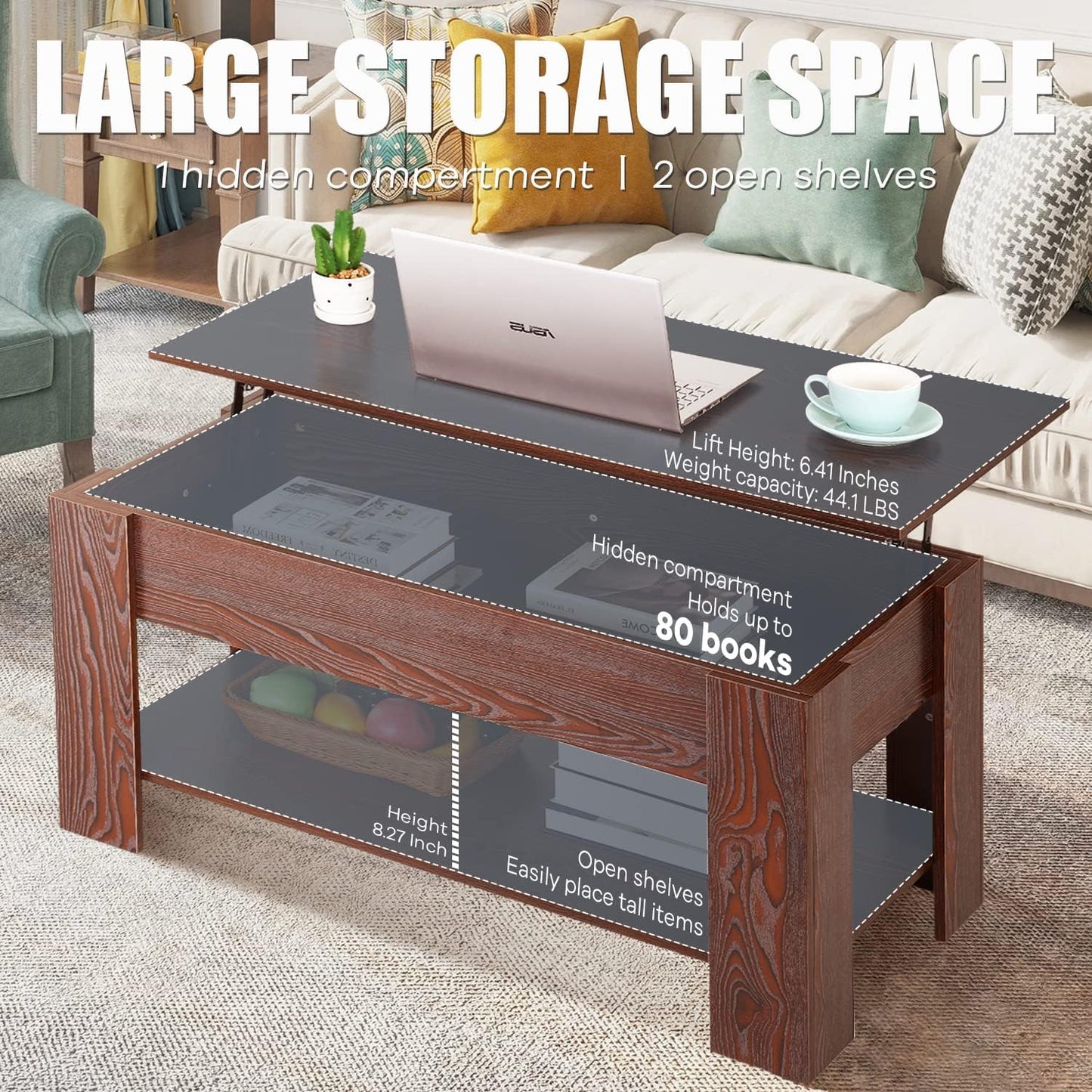 Lift Top Coffee Table, with Hidden Compartment and Storage Shelf Wooden Lift Tabletop for Home Living Room Reception Room Office, Espresso