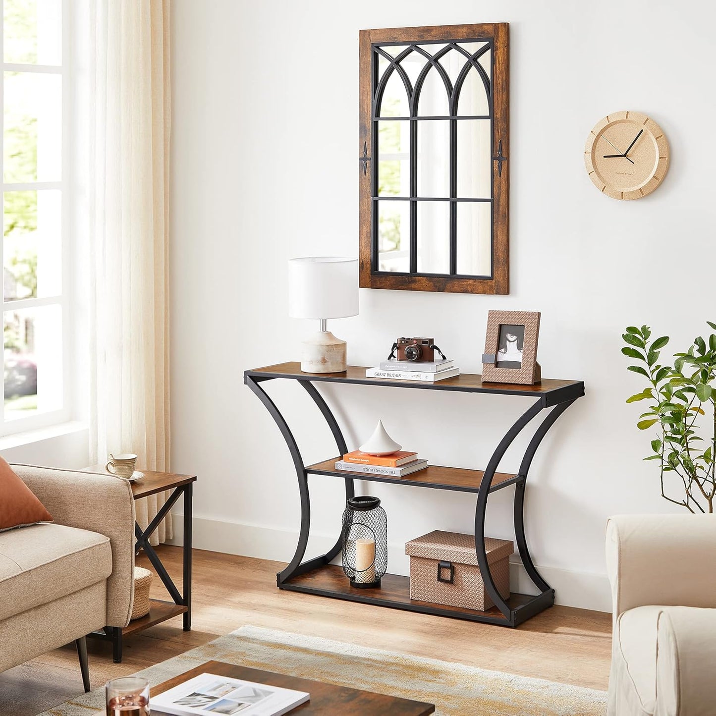Console Table with Curved Frames and 2 Open Shelves, for Hallway, Entryway Living Room, Rustic Brown + Black