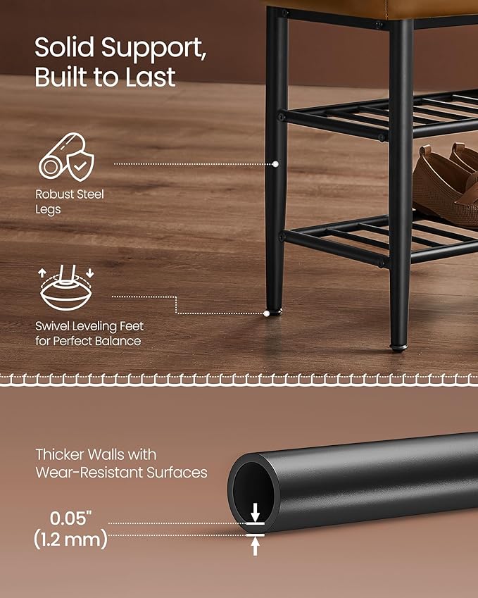 Shoe Storage Bench, Shoe Rack Bench Entryway, Synthetic Leather with Stitching, Mid-Century Modern, Loads 135 kg, 30 x 100 x 50 cm, Ink Black