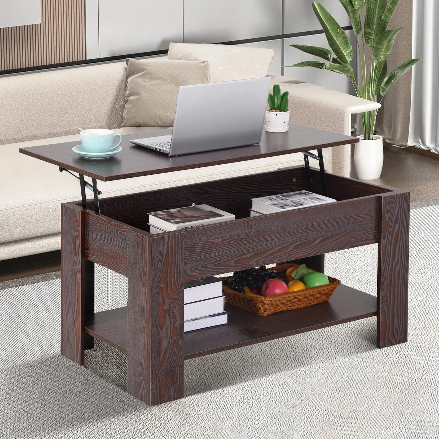 Lift Top Coffee Table, with Hidden Compartment and Storage Shelf Wooden Lift Tabletop for Home Living Room Reception Room Office, Espresso