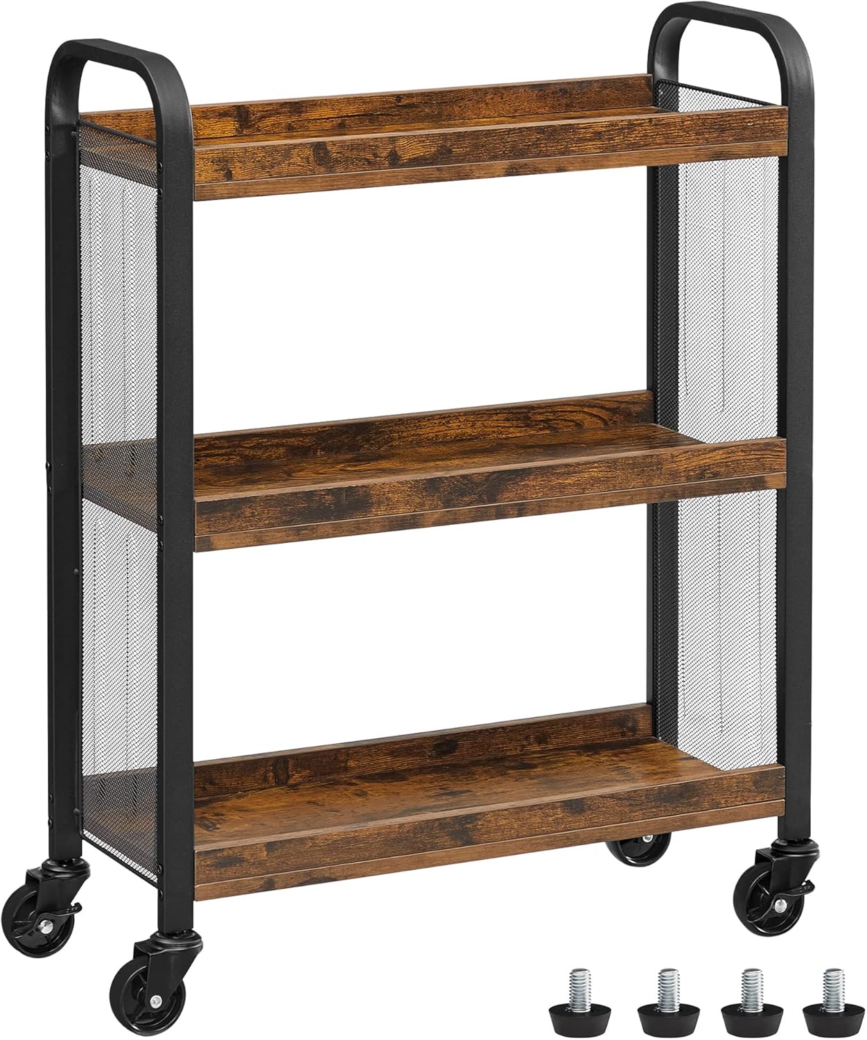 3-Tier Narrow Storage Cart, Rolling Cart with Wheels, Steel Frame, Slim Storage Cart for Kitchen, Dining Room, Laundry Room, Adjustable Feet Included, Industrial Style, Rustic Brown and Black