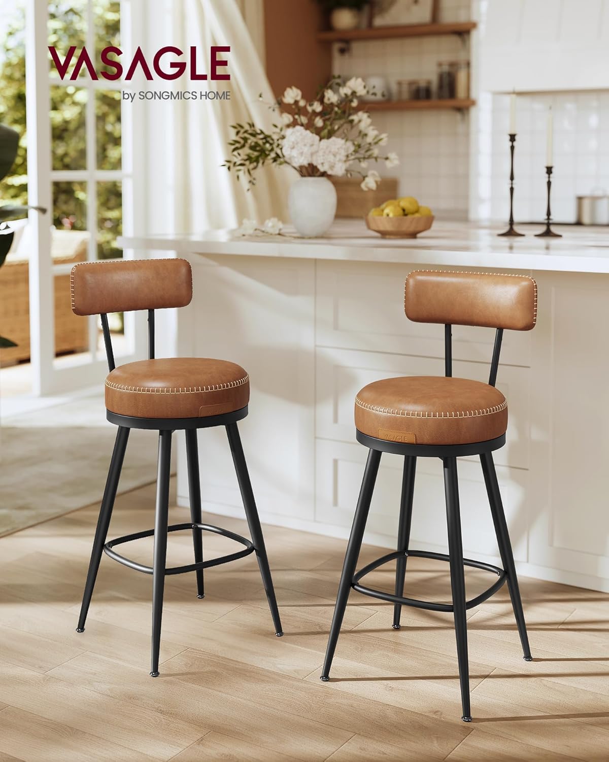 Premium Bar Stools Set of 2, Swivel Counter Height Bar Stools with Back, Synthetic Leather with Stitching, Mid-Century Modern, 25.6-Inch Tall Barstools for Kitchen Bar, Caramel Brown