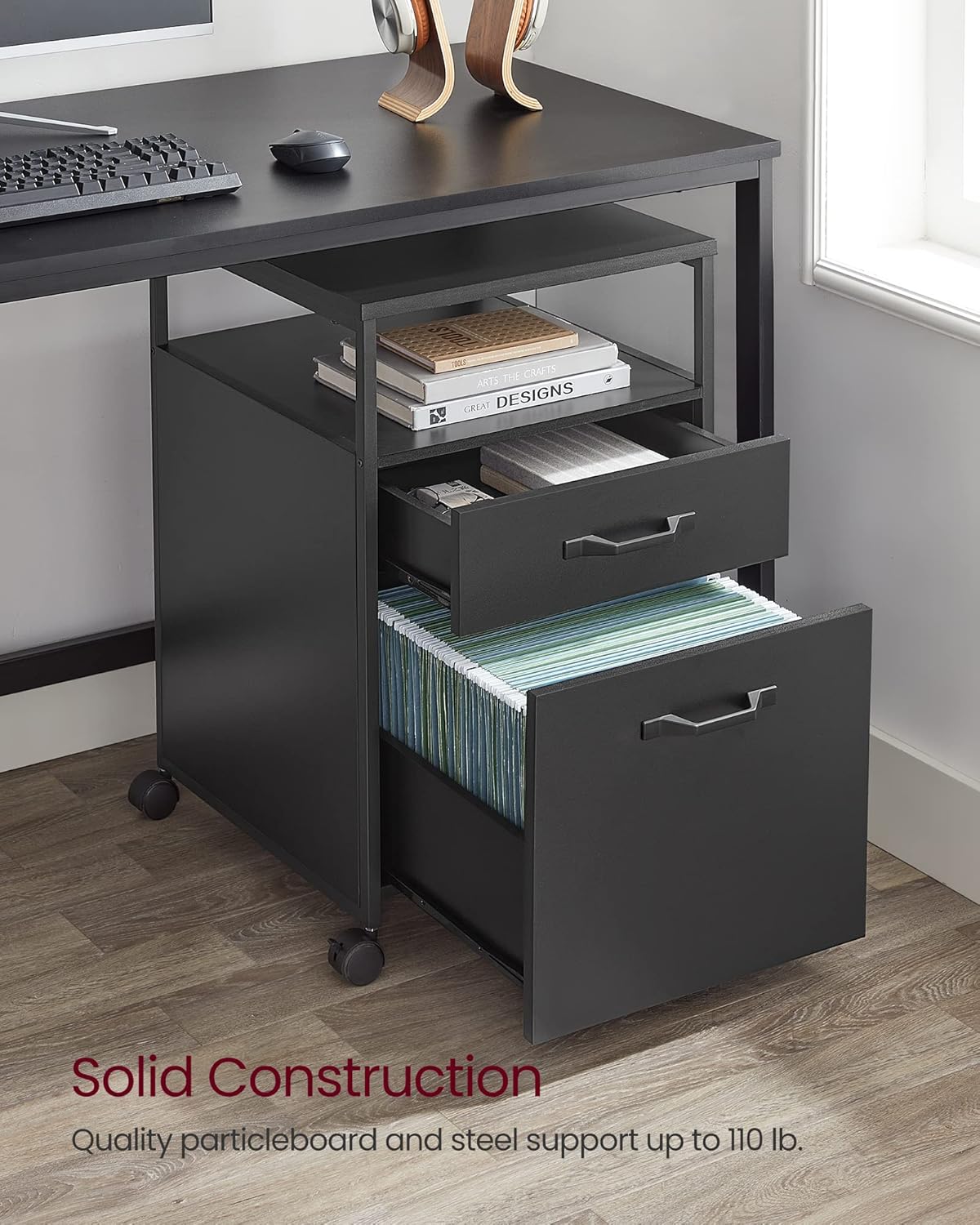 Metal File Cabinet, Mobile Filing Cabinet with Wheels, 2 Drawers, Open Shelf, for A4, Letter Size, Hanging File Folders, Cloud White