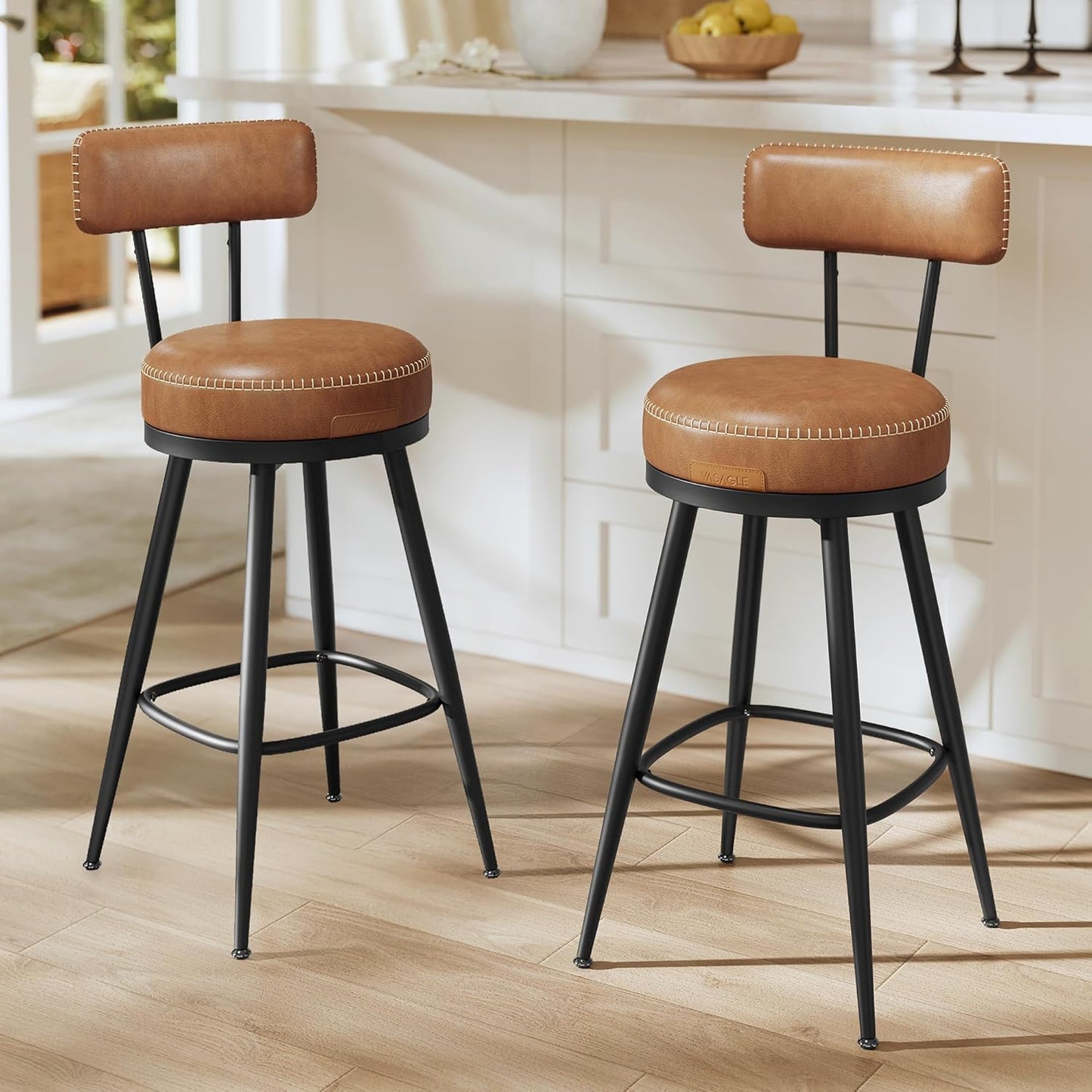 Premium Bar Stools Set of 2, Swivel Counter Height Bar Stools with Back, Synthetic Leather with Stitching, Mid-Century Modern, 25.6-Inch Tall Barstools for Kitchen Bar, Caramel Brown