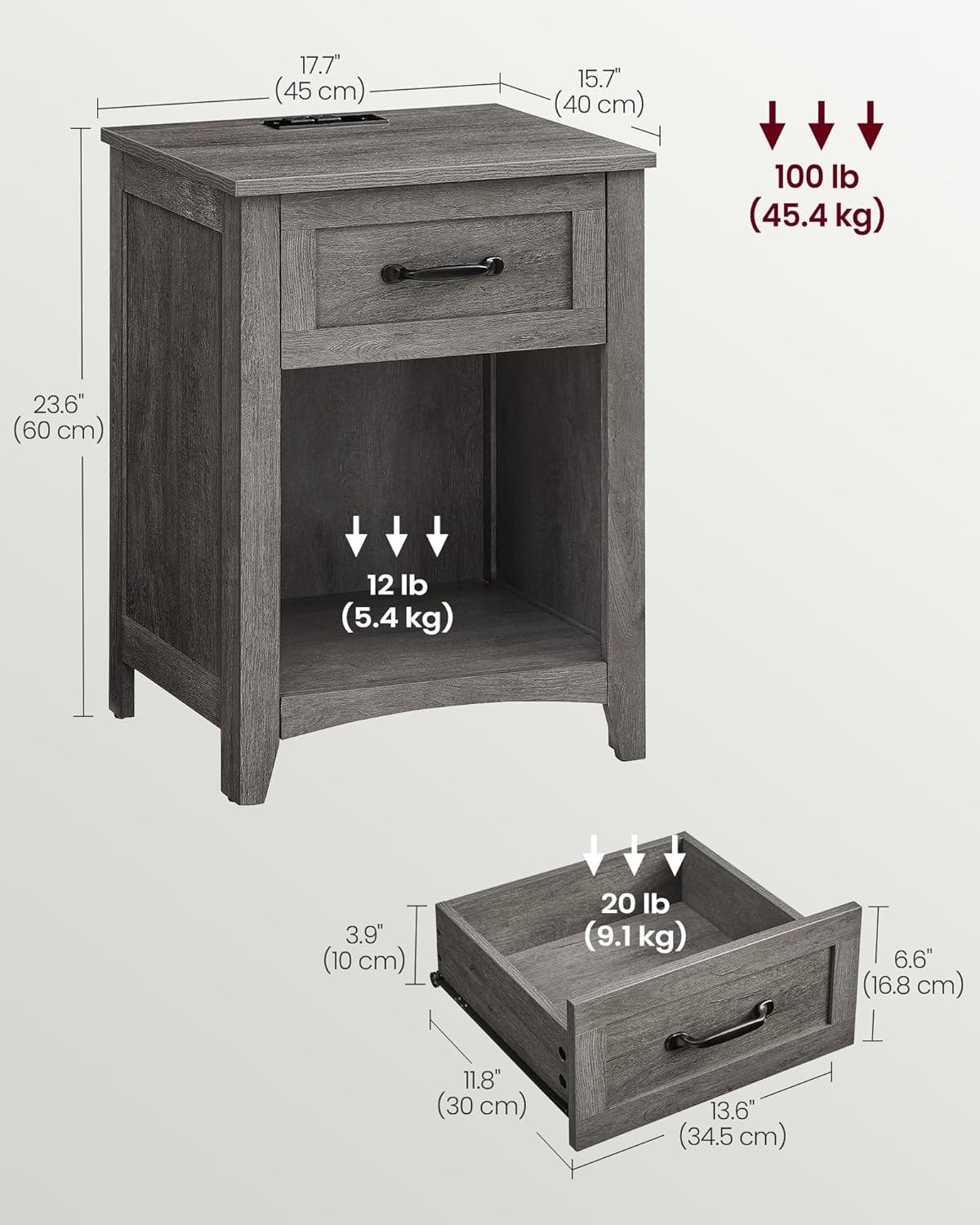 Vintage Style Nightstand with Charging Station, Bedside Table, Side Table with Drawer, Open Compartment, for Bedroom, Wood Tone and Misty Gray