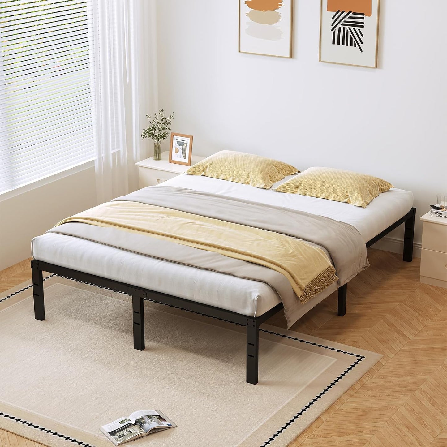 Queen Size Metal Bed Frame Sturdy Steel Slats Noise-Free Easy Assembly No Box Spring Required with Under-Bed Storage Easy Assembly and Ample Under-Bed Storage, Blackv