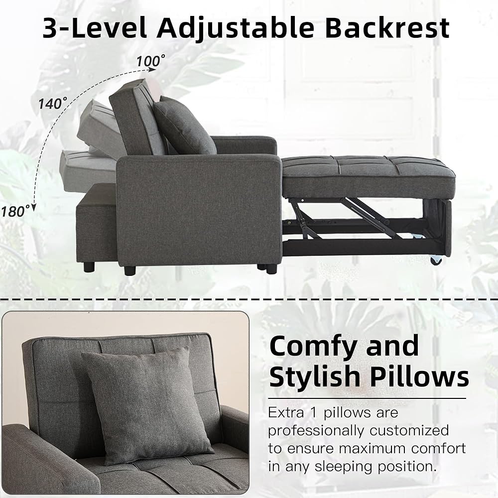 Sofa Bed Chair Convertible, Sleeper Sofa with Pull-Out Bed, 3-in-1 Futon Couch with Reclining Backrest and Side Pocket (Grey, 71.2’)