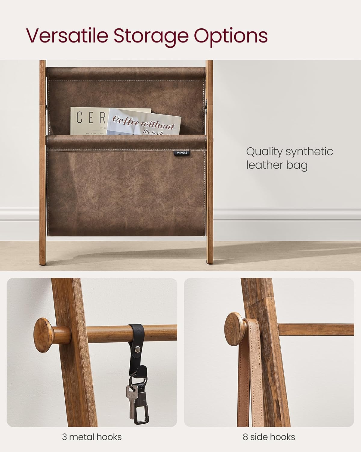 Wooden Blanket Ladder for Living Room, 5-Tier Wooden Ladder Shelf, Decorative Farmhouse Blanket Rack with Synthetic Leather Bag, Metal Hooks, Side Hooks, for Bedroom, Caramel Brown