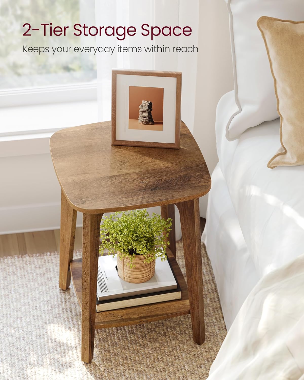 Wooden Side Table, 2-Tier Small Square End Table, Nightstand with Tapered Legs, Curved Transitions, for Small Spaces, Living Room, Bedroom, Honey Brown