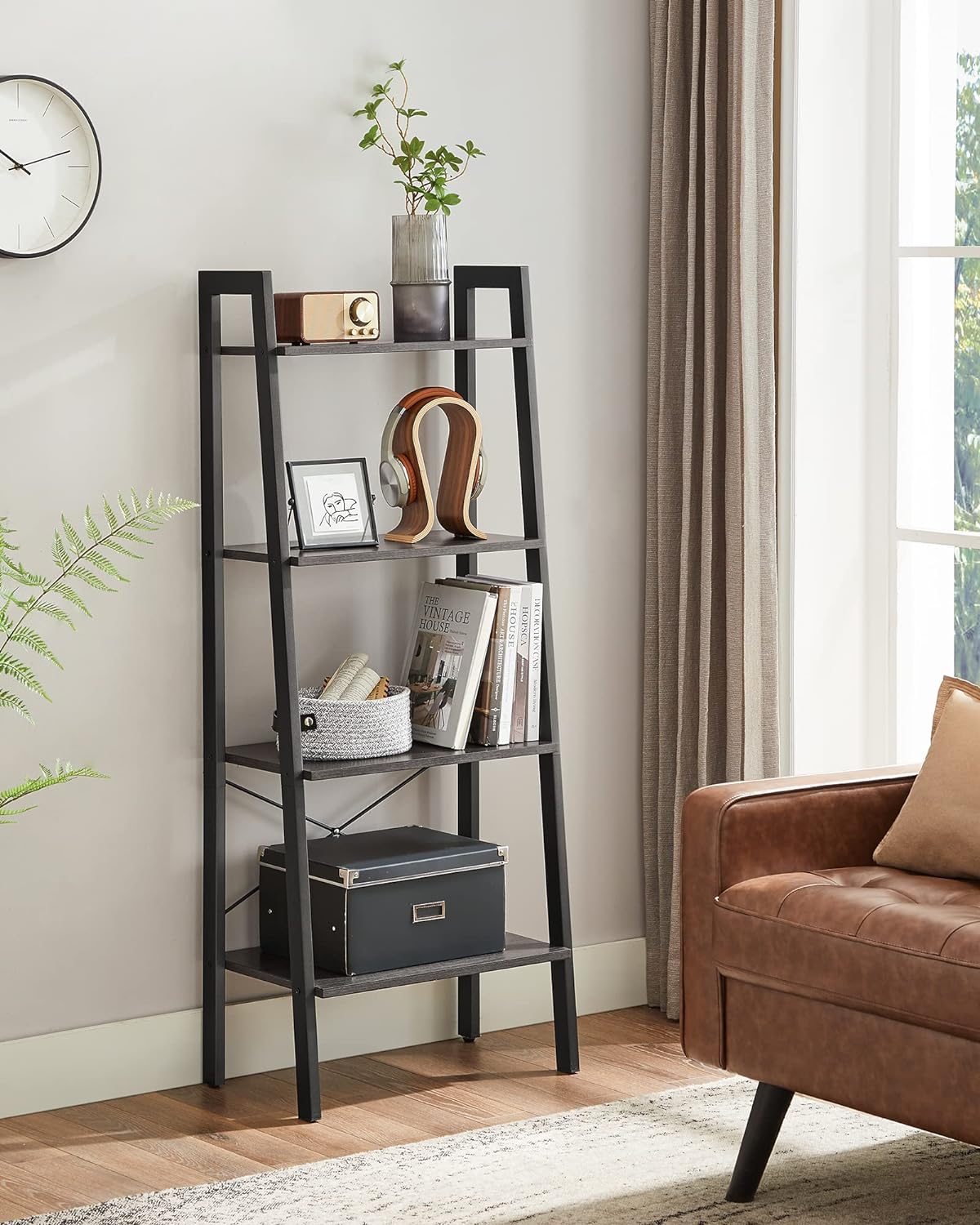 4-Tier Bookshelf, Storage Rack, Bookcase with Steel Frame, for Living Room, Home Office, Kitchen, Bedroom, Industrial Style, Ladder Shelf,  Matte Black