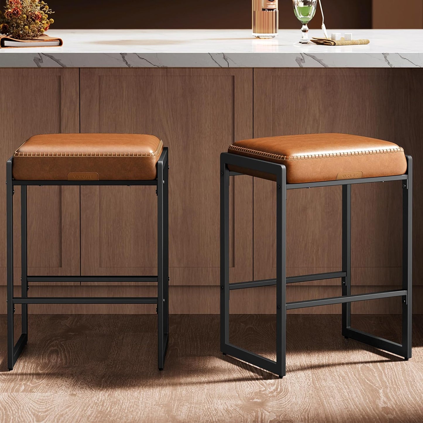Bar Stools Set of 2, Counter Height Bar Stools, Synthetic Leather with Stitching, Mid-Century Modern Counter Stools, 26-Inch Tall, Kichen Home Bar Dining Room, Caramel Brown