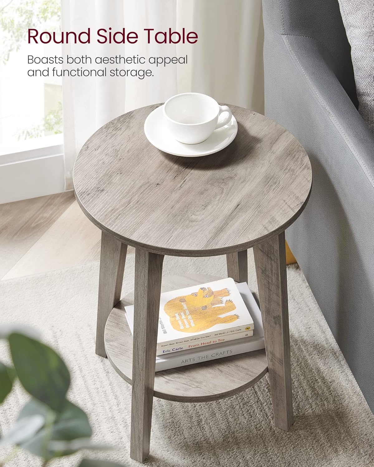 Wooden Side Table, 2-Tier Small Round End Table, Nightstand with Tapered Legs, Curved Transitions, for Small Spaces, Living Room, Bedroom