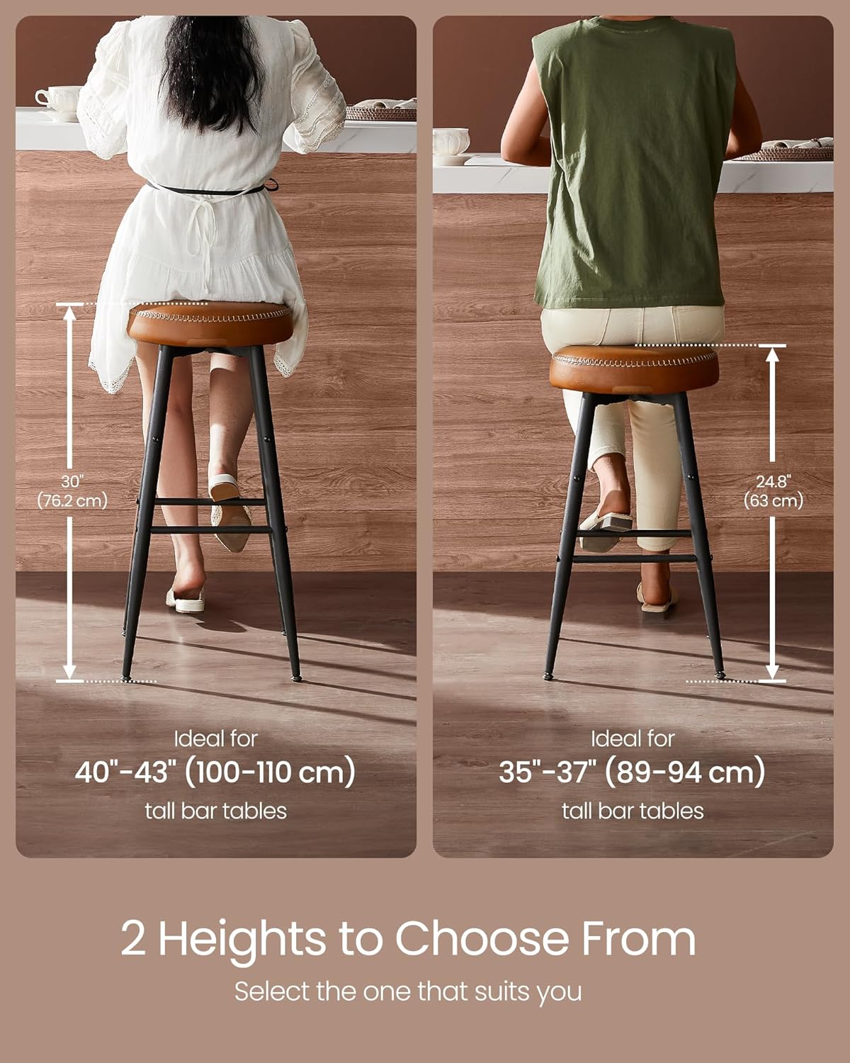 Bar Stools Set of 2, Kitchen Counter Stools, Dining Chairs, Synthetic Leather with Stitching, 30-Inch Tall, Home Bar Dining Room, Easy Assembly, Caramel Brown