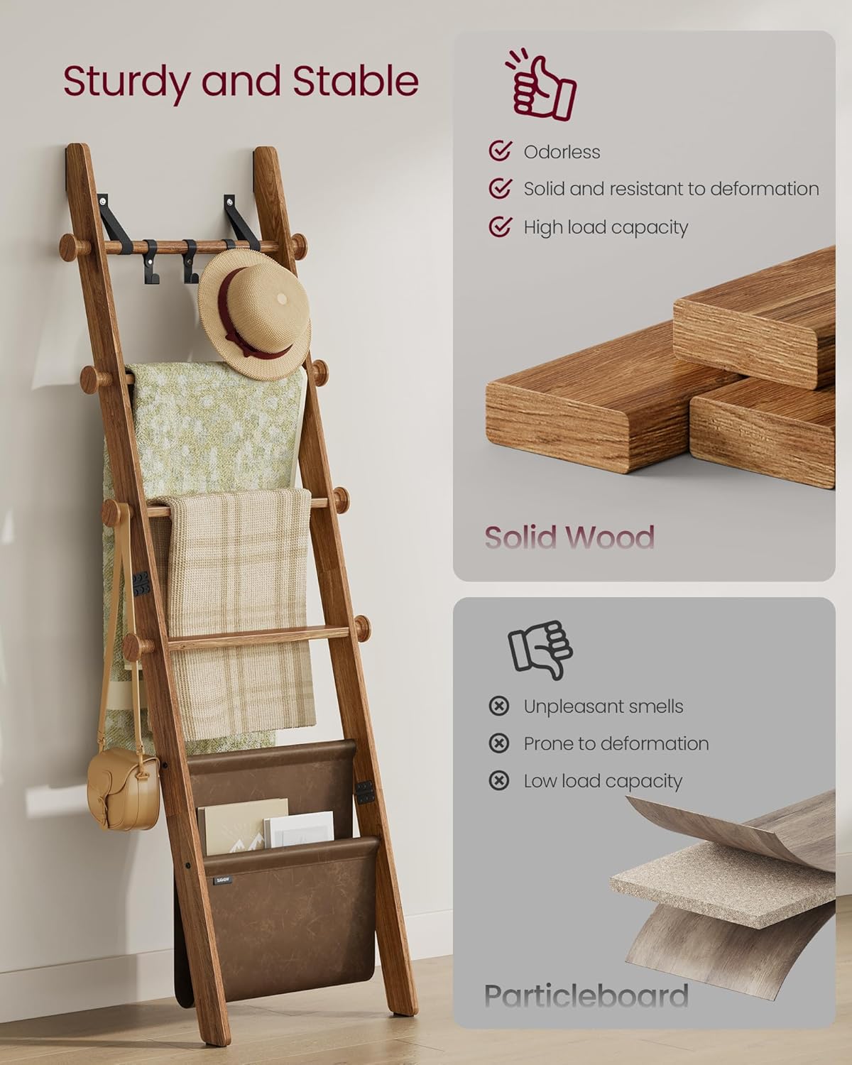 Wooden Blanket Ladder for Living Room, 5-Tier Wooden Ladder Shelf, Decorative Farmhouse Blanket Rack with Synthetic Leather Bag, Metal Hooks, Side Hooks, for Bedroom, Caramel Brown