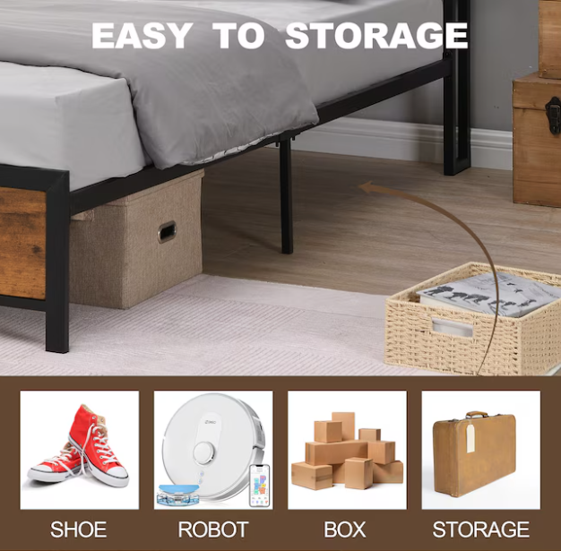 Queen Size Bed Frame, Bed Frame with Charging Station and LED Lights, Metal Shelves Non-Slip, Noise-Free, Easy Assembly, No Box Springs Needed, Rustic Brown and Black