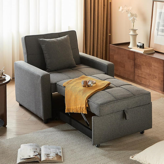 Sofa Bed Chair Convertible, Sleeper Sofa with Pull-Out Bed, 3-in-1 Futon Couch with Reclining Backrest and Side Pocket (Grey, 71.2’)
