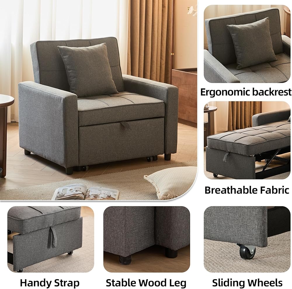 Sofa Bed Chair Convertible, Sleeper Sofa with Pull-Out Bed, 3-in-1 Futon Couch with Reclining Backrest and Side Pocket (Grey, 71.2’)